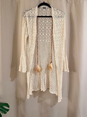 Earthbound Cream Crochet Open-Front Women's Sweater Cardigan